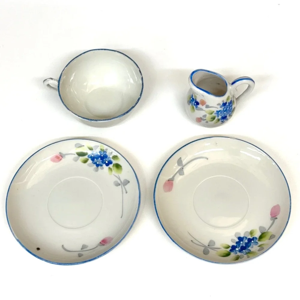 Vintage Japan Miniature Tea‎ Set 4pc Floral Porcelain Teacup Saucer Creamer Blue